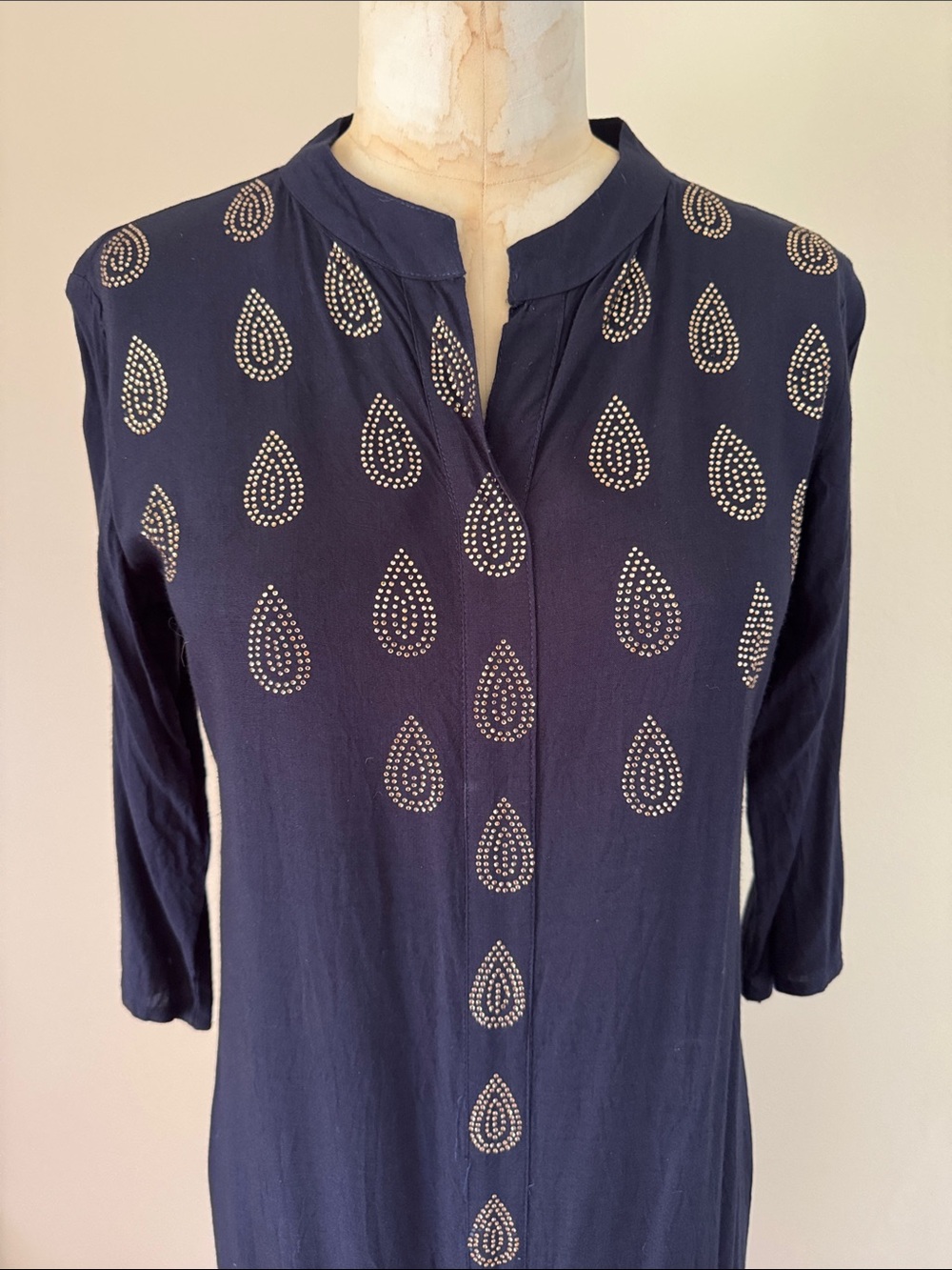 Indian black cotton tunic shirt dress with gold teardrop bead pattern S